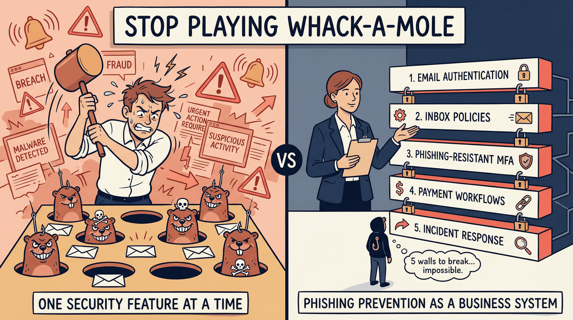 Editorial illustration: reactive whack-a-mole phishing defense versus a structured five-layer business security system