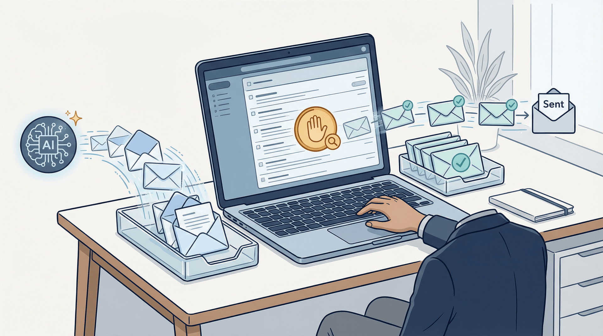 Editorial illustration showing the safe email automation loop: AI generates draft replies that flow through a human review checkpoint before being sent