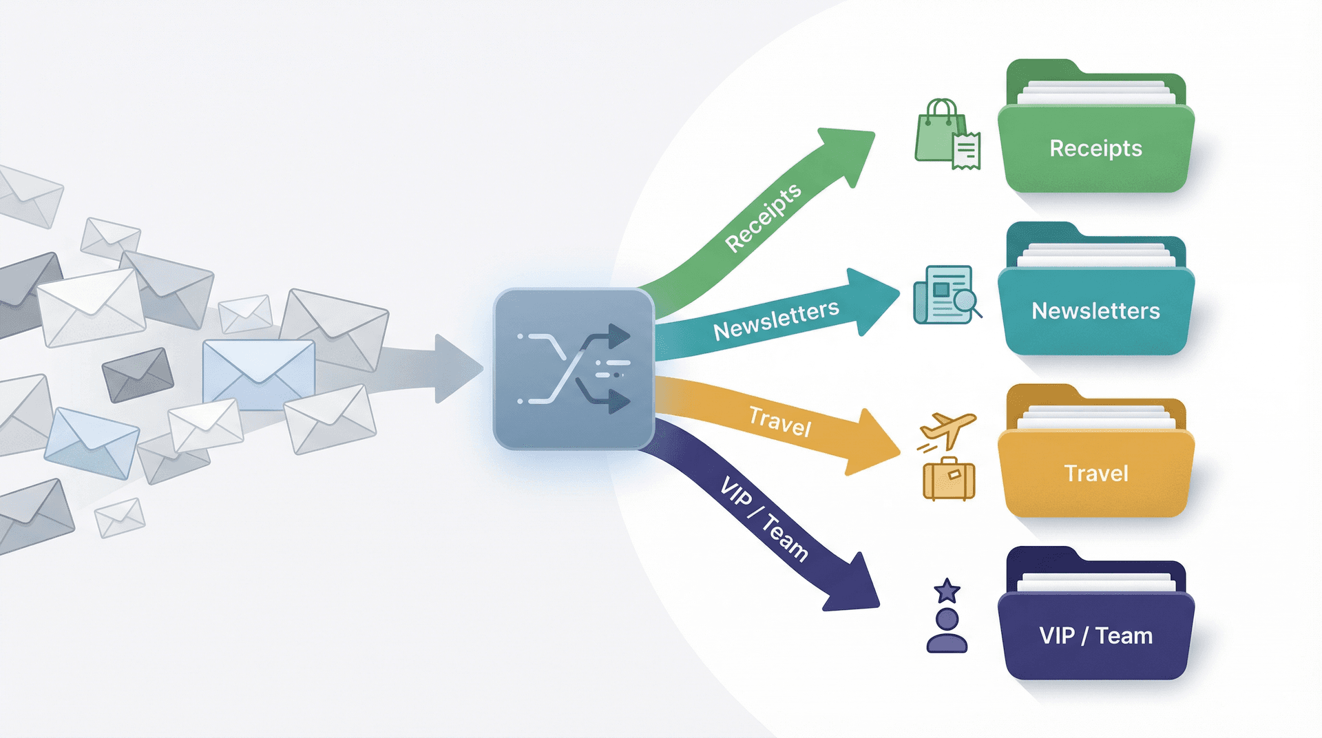 Illustration of emails being automatically routed into four labeled folders — Receipts, Newsletters, Travel, and VIP — by a filter system