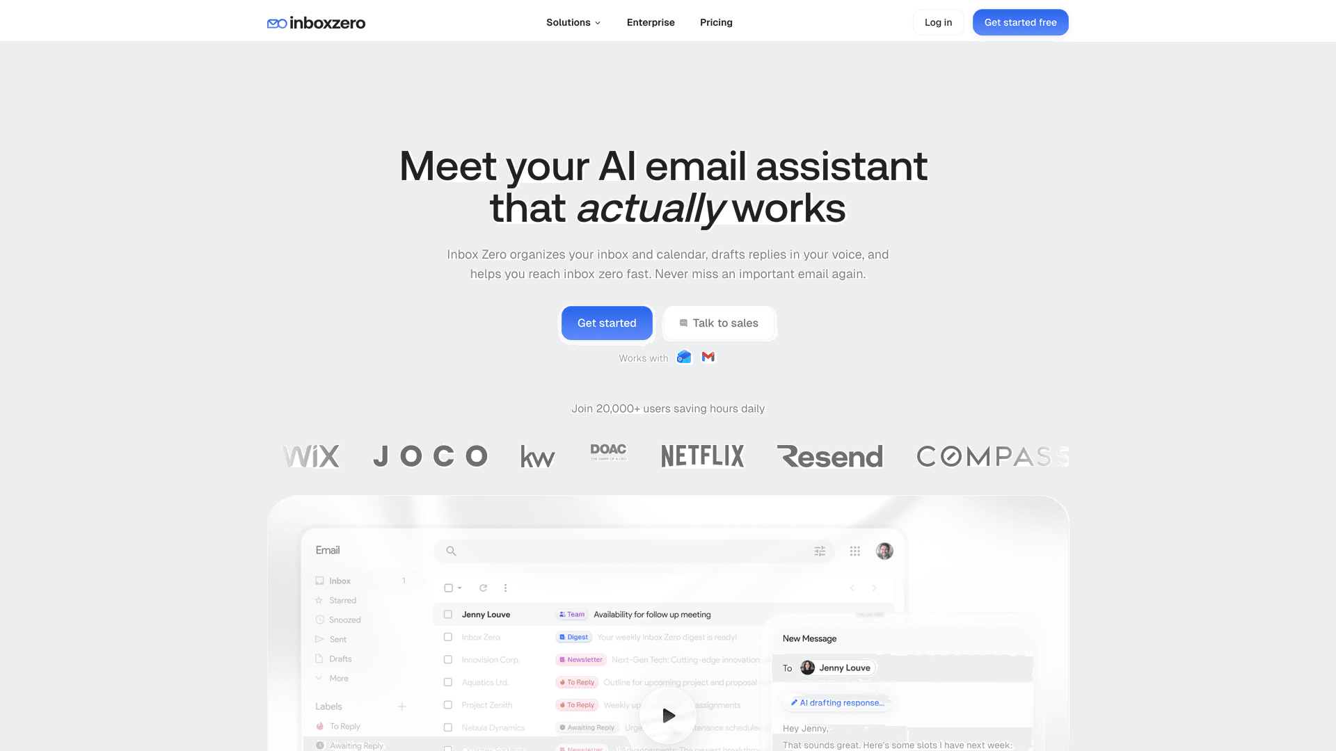 Inbox Zero homepage showing the AI email assistant that organizes your inbox and drafts replies in your voice