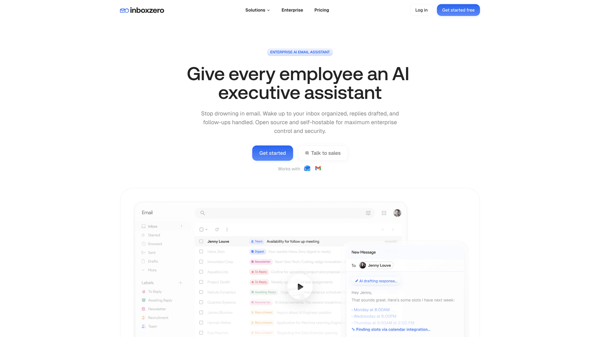 Inbox Zero Enterprise page showing open-source, self-hostable AI email assistant for maximum enterprise control and security